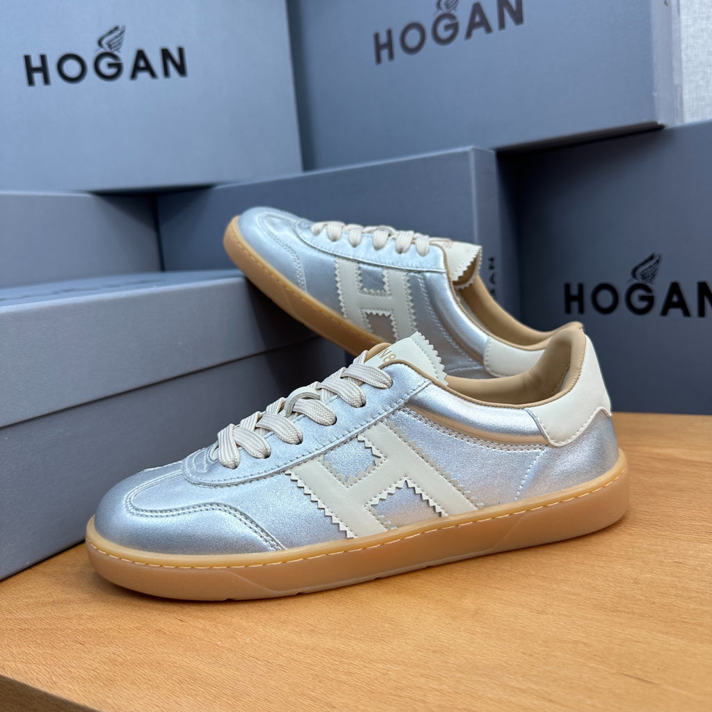 HOGAN Metallic Silver White H Logo Gum Sole Retro Casual Sneakers