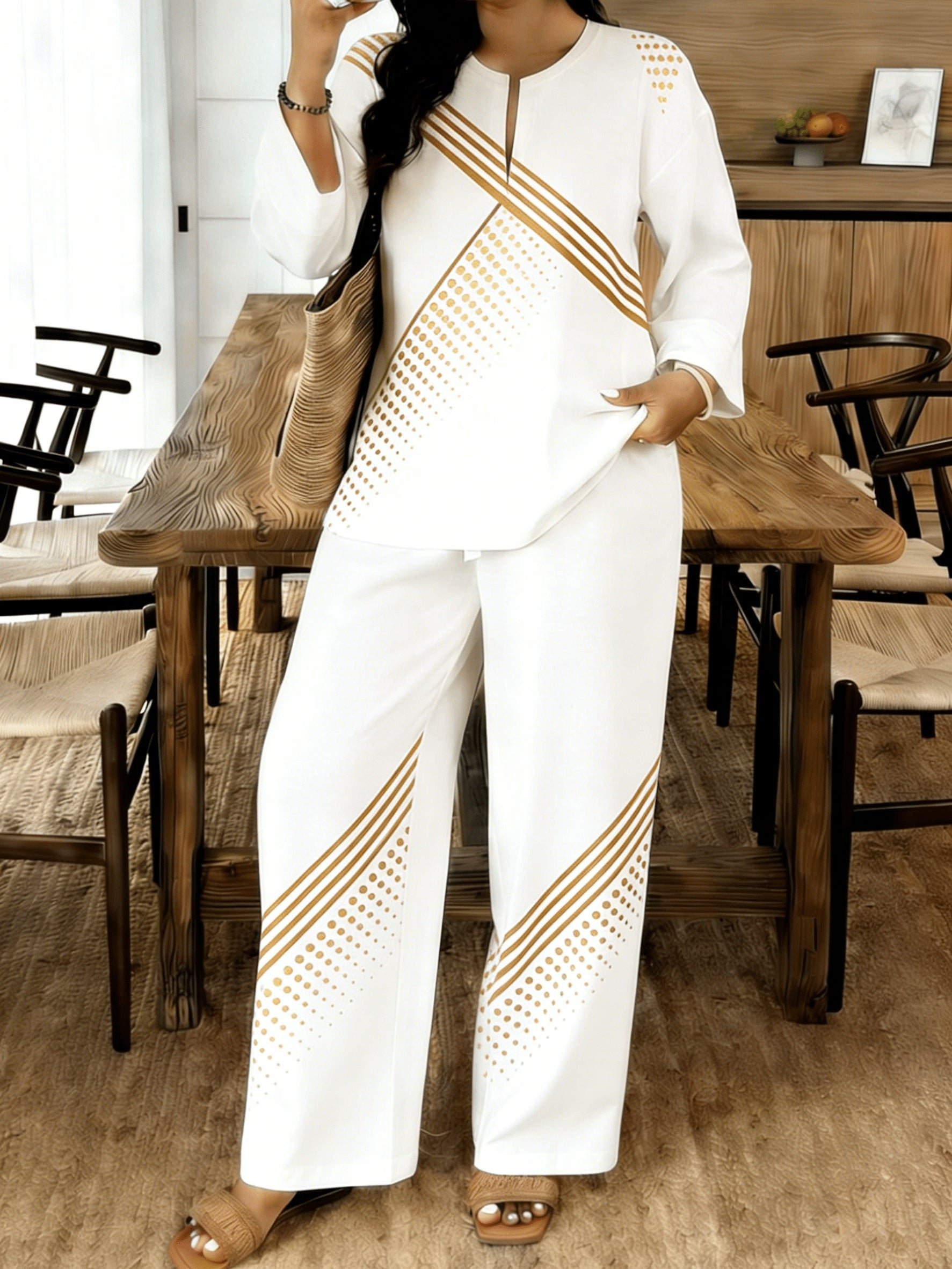 New European-Style Casual Two-Piece Set Featuring a Relaxed V-Neck Top Paired with Casual Pants, Perfect for Daily Wear Or Holiday Occasions
