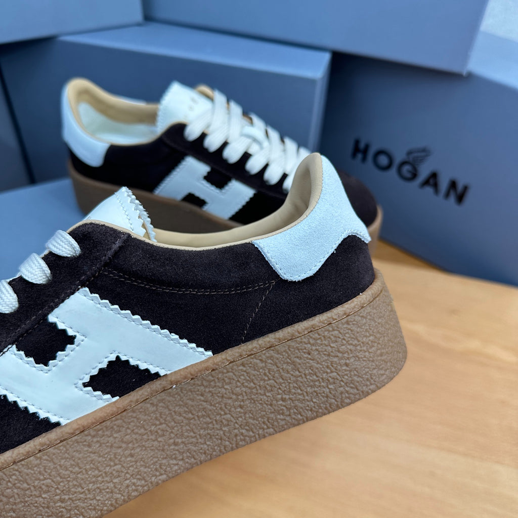 HOGAN Dark Brown Suede White H Logo Thick Gum Platform Casual Sneakers