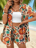 Vacation Style Floral Print Short Set, Tie-Waist Loose Shorts, Suitable for Spring Summer, Women'S Clothing