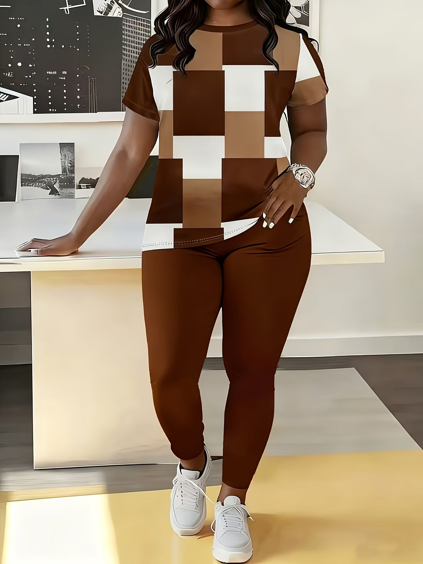 Women'S Dress And Pants Set with Plaid Print, Short Sleeves, And Round Neck for Spring And Autumn