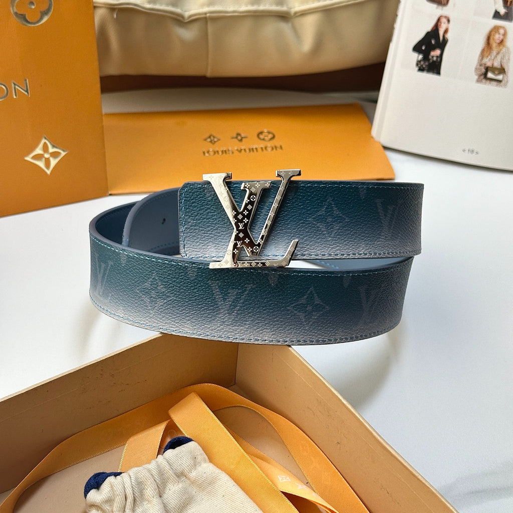 Gradient Blue Monogram Leather Men Belt Silver Engraved Logo Buckle Casual Dress Belt