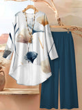 Plus Size - Plus-Size Women'S Casual, Light And Fashionable Vacation Two-Piece Set, Short Front And Long Back, White Background Ink-Wash Ginkgo Leaf Digital Print Top And Pants Set, Spring