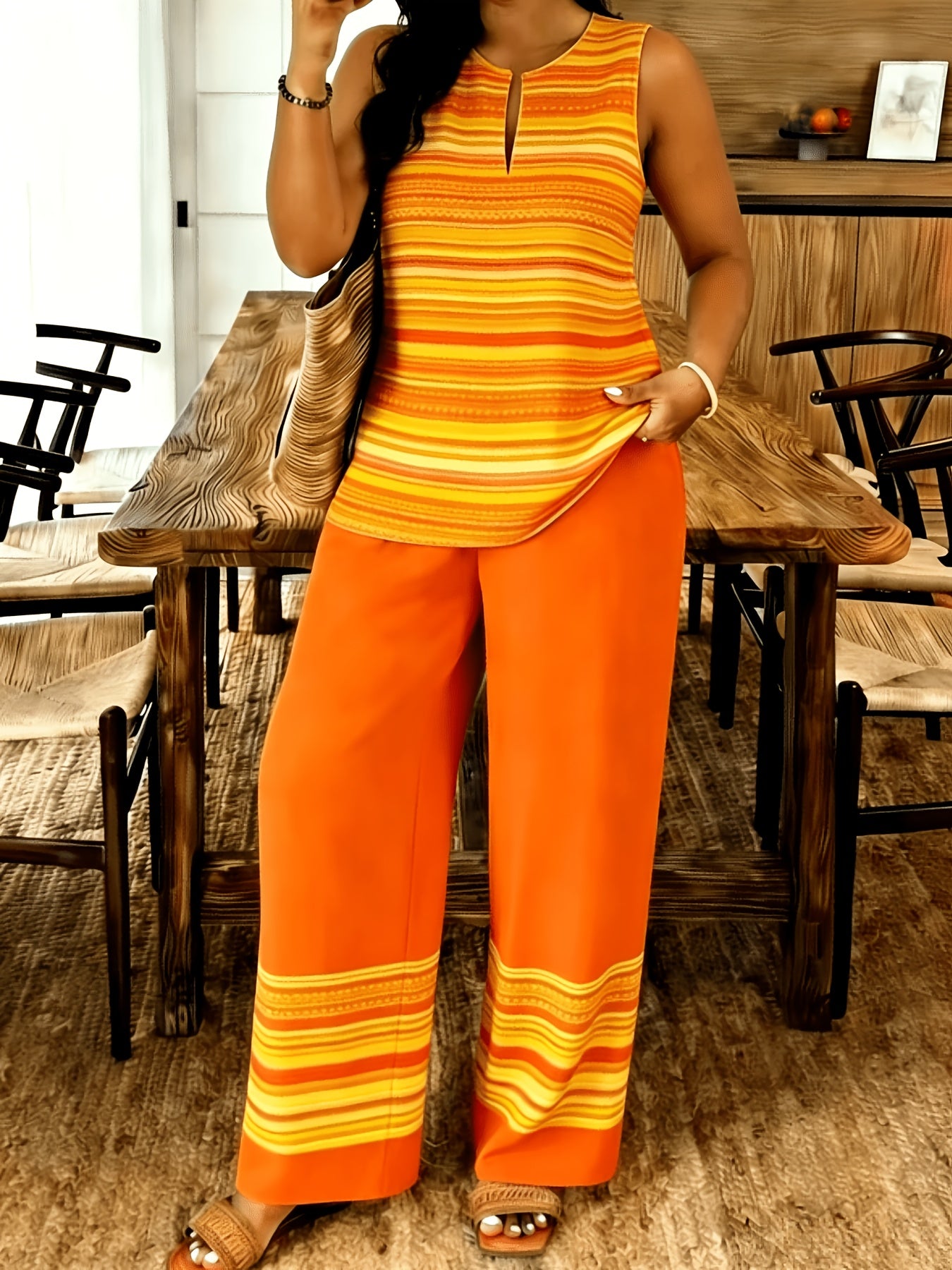 Women'S Boho Geometric Print 2pcs Set, Sleeveless Keyhole Neck Top And Wide Leg Pants, Summer Vacation Outfit, Ethnic Style Loungewear And