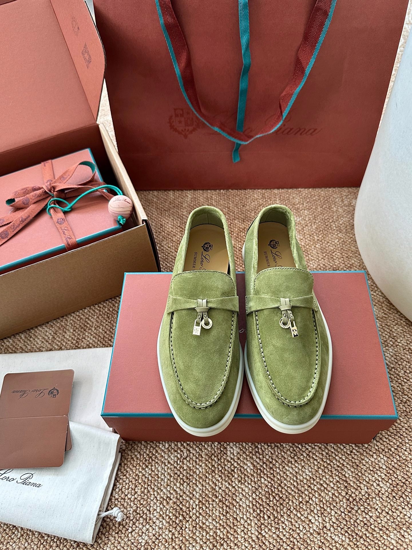 Loro Piana Summer Charms Walk Suede Loafers - Olive Green