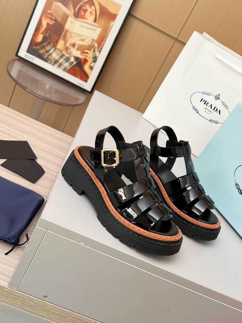 Prada Patent Leather Fisherman Sandals Women, Black Caged Woven Platform Lug Sole Ankle Strap Buckle Roman Sandals