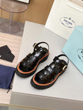 Prada Patent Leather Fisherman Sandals Women, Black Caged Woven Platform Lug Sole Ankle Strap Buckle Roman Sandals