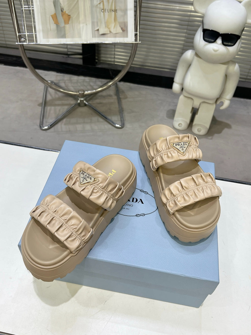Women Beige Ruched Two Band Platform Slides Triangle Gold Logo Slip On Casual Summer Sandals