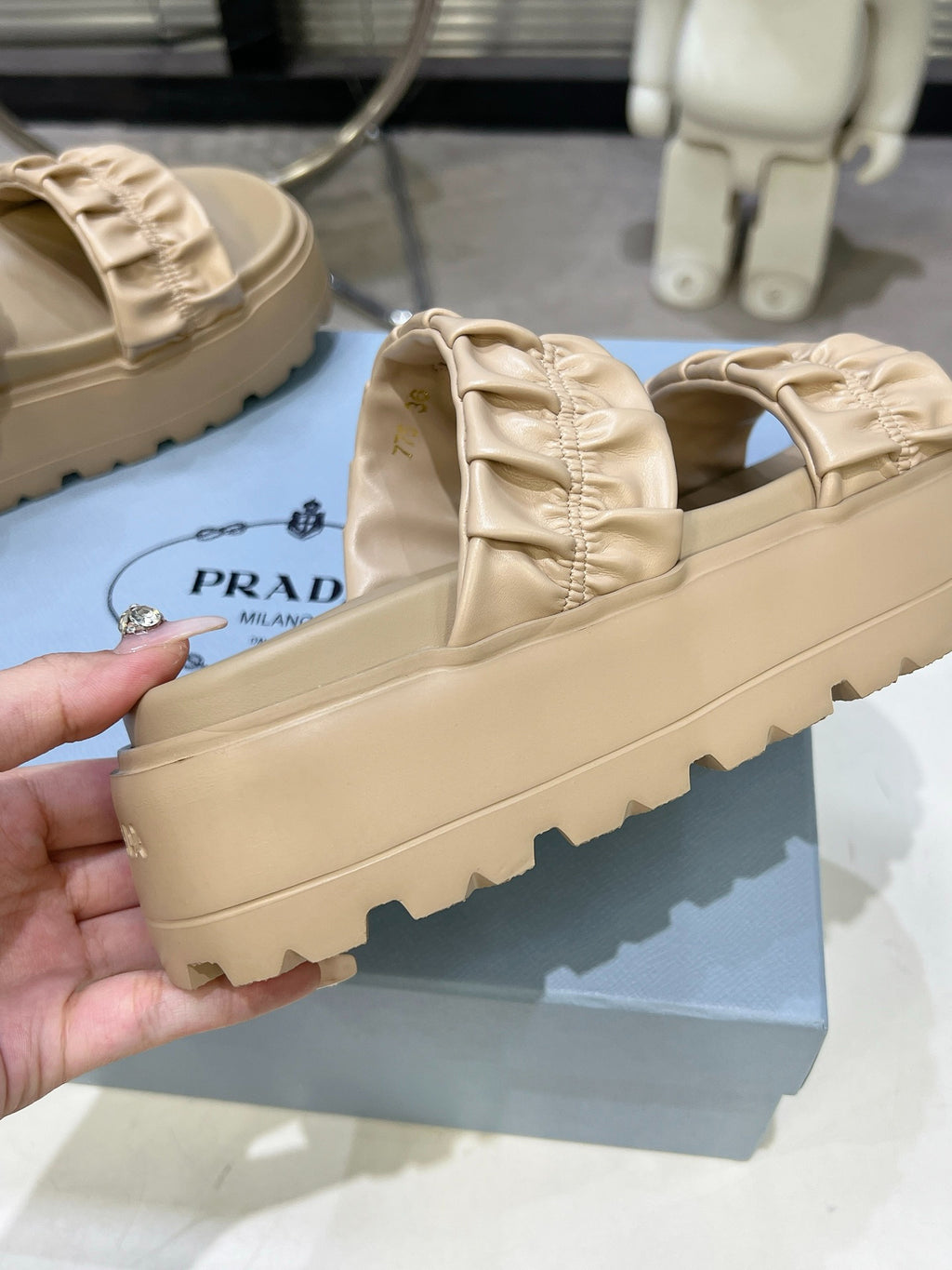 Women Beige Ruched Two Band Platform Slides Triangle Gold Logo Slip On Casual Summer Sandals