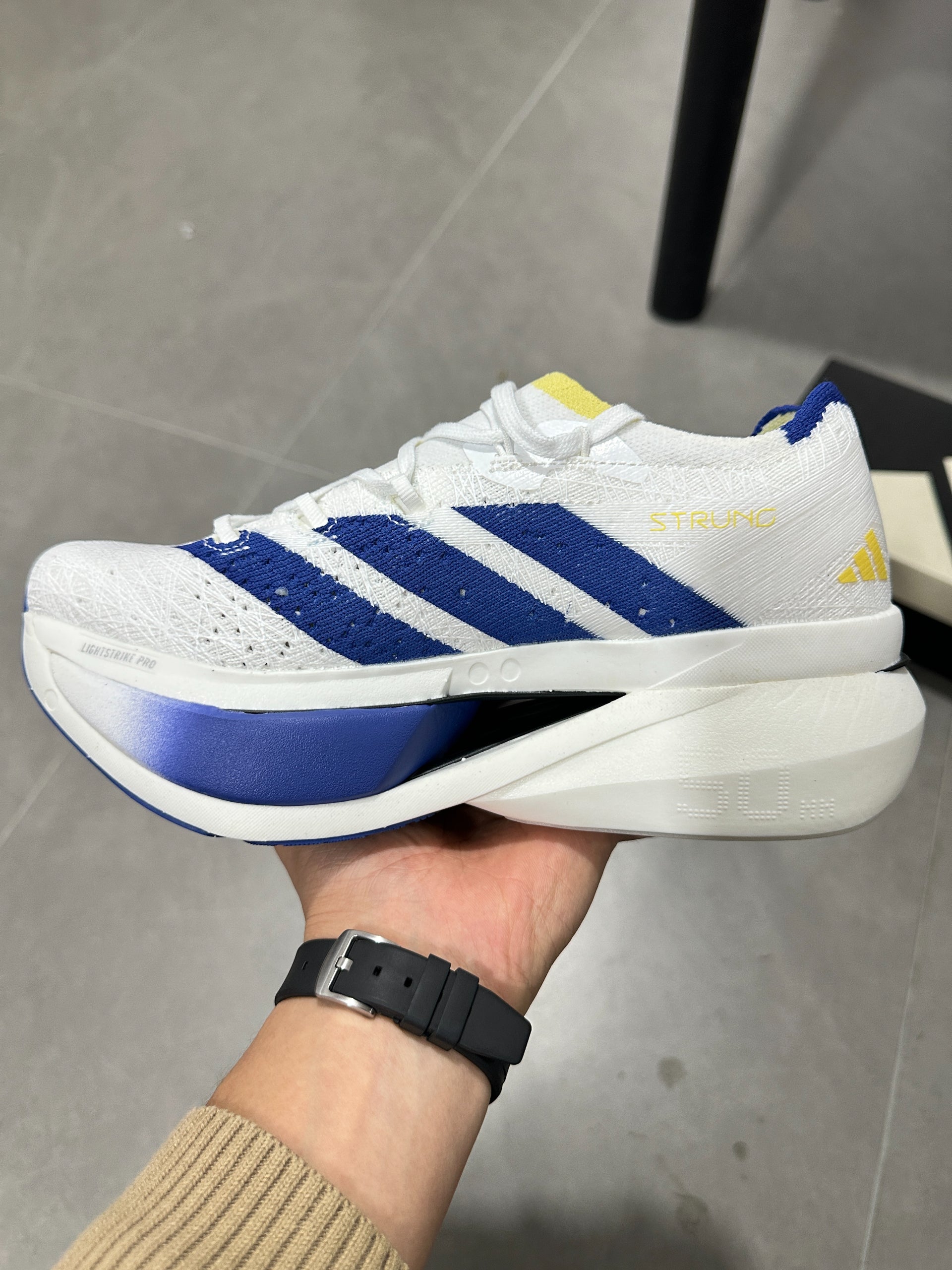 Adidas ADIZERO PRIME X3 STRUNG (Cloud White / Blue / Yellow colorway)