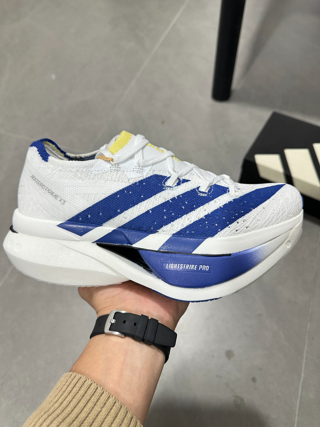 Adidas ADIZERO PRIME X3 STRUNG (Cloud White / Blue / Yellow colorway)