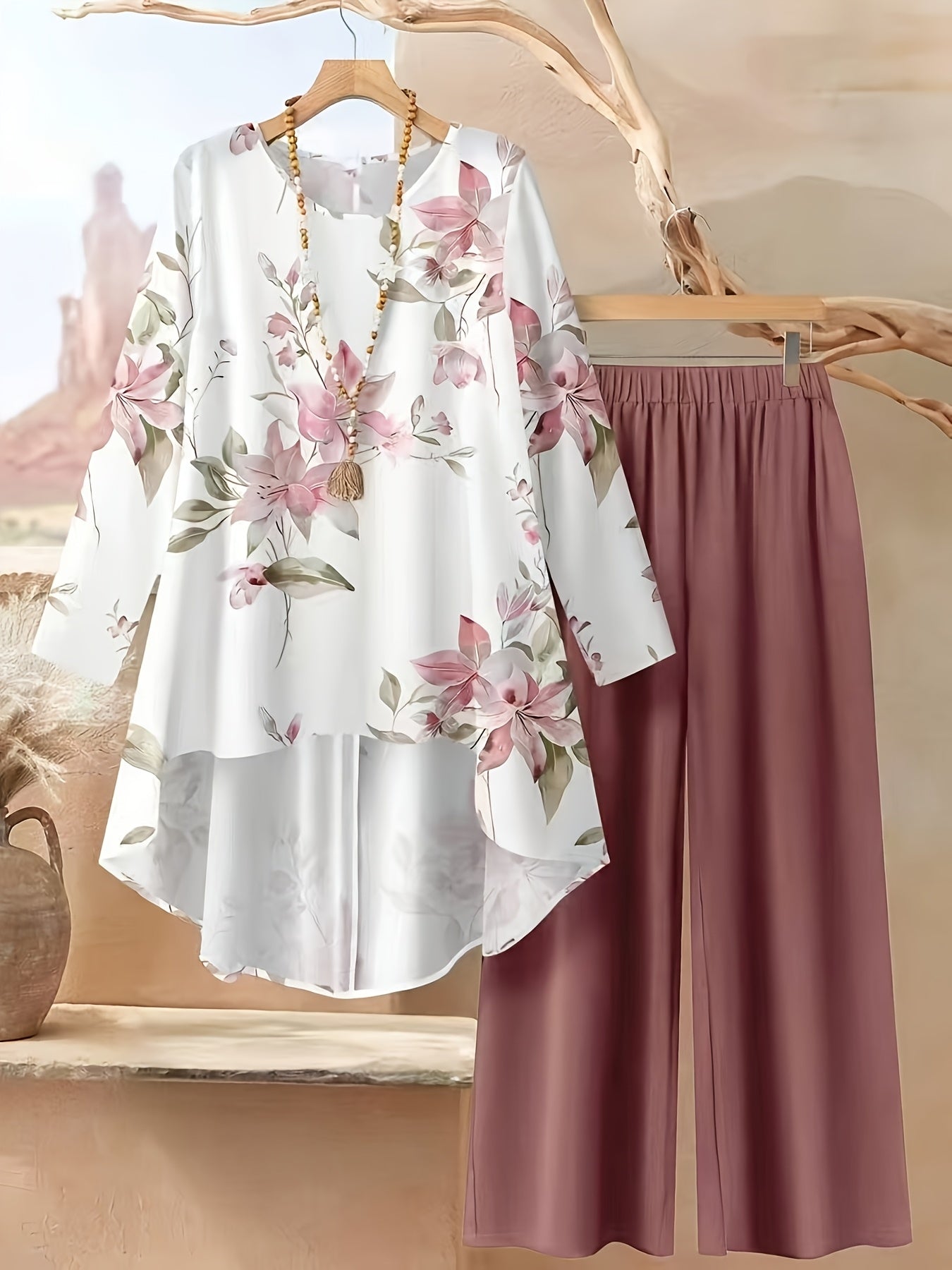 [Plus Size Pants] Plus Size, Plus Size Women's Printed Front Short Back Long Top Straight Leg Pants
