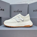 HOGAN Women's White Silver H Logo Leather Platform Sneakers Chunky Thick Sole Height Increasing Casual Walking Shoes