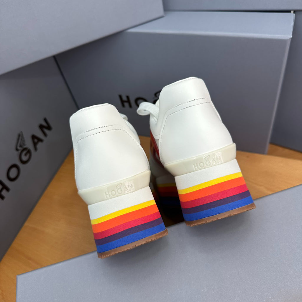 HOGAN White Red Rainbow Striped Stack Wedge Platform Sneakers