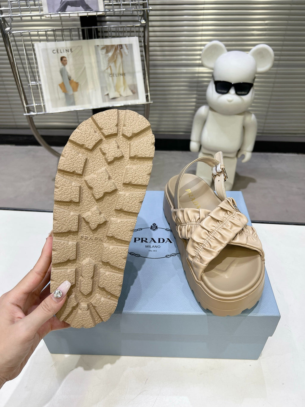 Women Beige Ruched Cross Strap Platform Sandals Triangle Gold Logo Adjustable Ankle Buckle Casual Shoes