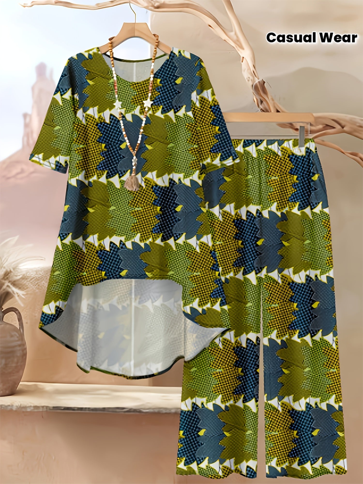 Plus Size - Plus Size - A Casual Two-Piece Set Featuring a Printed Round-Neck Short-Sleeve Top And Long Pants, Perfect for Everyday Wear