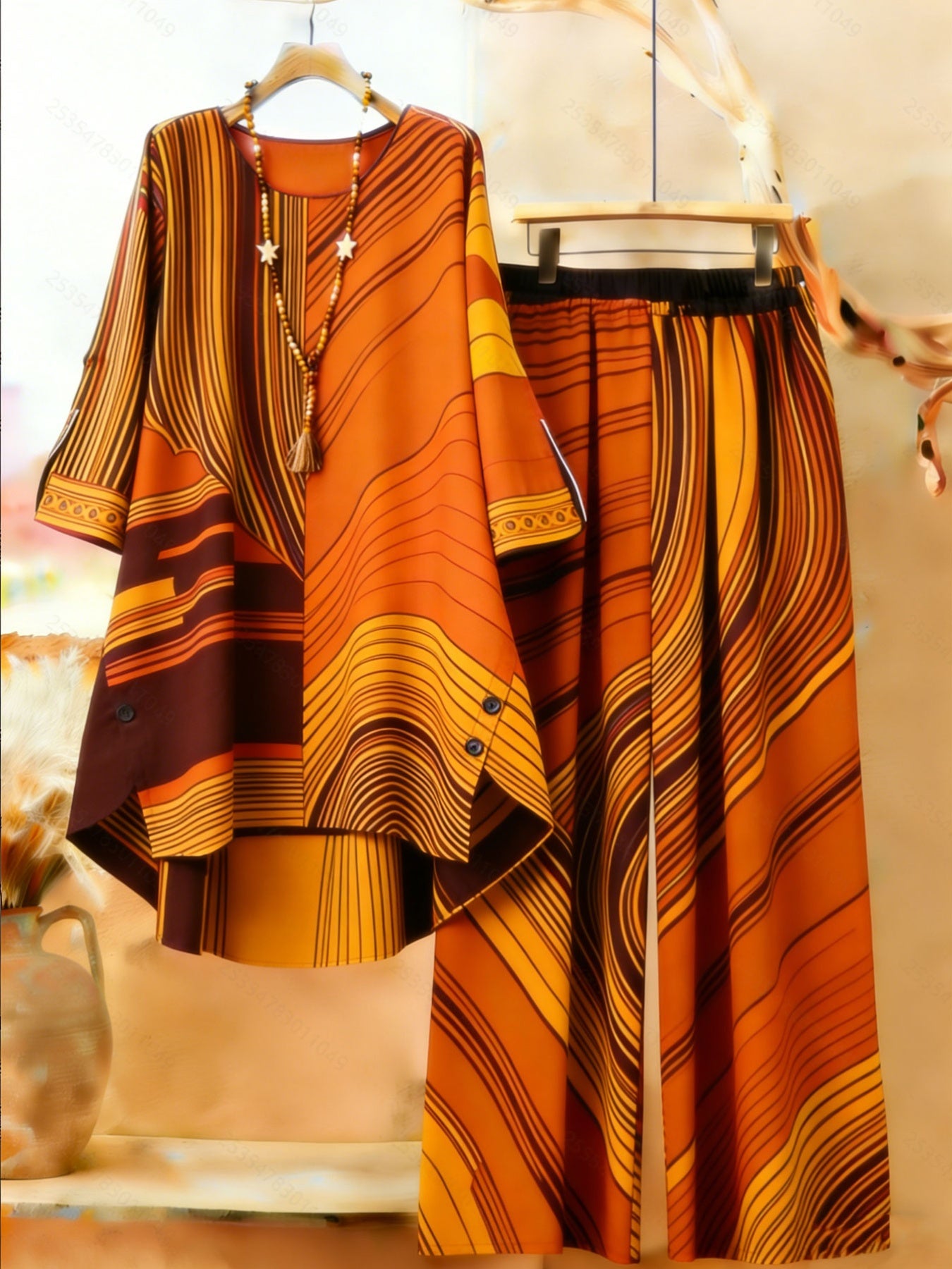 Plus Size, Plus-size Women's Asymmetrical Top Paired with Printed Wide-leg Pants 2pcs Set, Everyday Elegance, Bohemian Print, New and Fashionable.