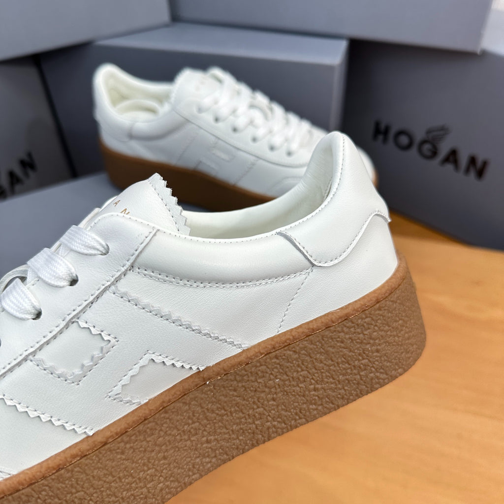 HOGAN All-White Leather Thick Gum Platform Casual Sneakers