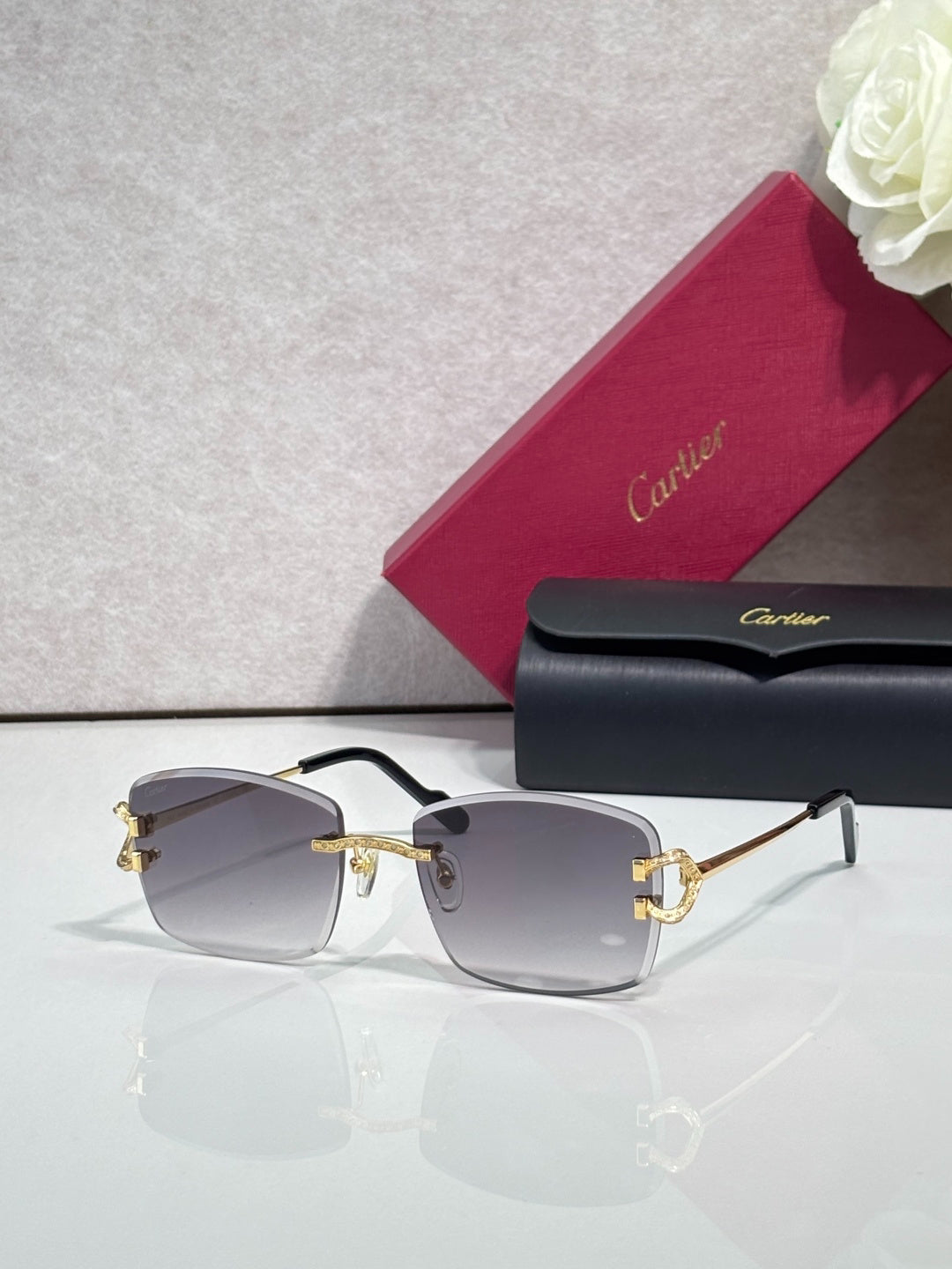 Cartier Gold-Tone Rimless Eyeglasses with Clear Lenses & Crystal-Embellished C-Logo Temples