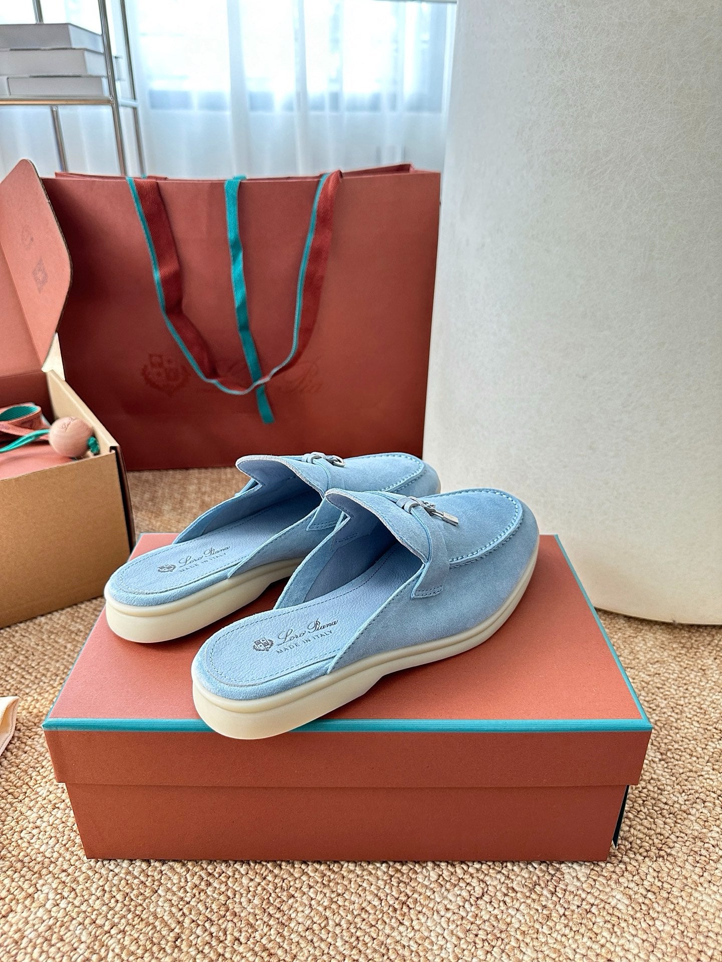 Loro Piana Summer Charms Walk Suede Mules - Light Blue