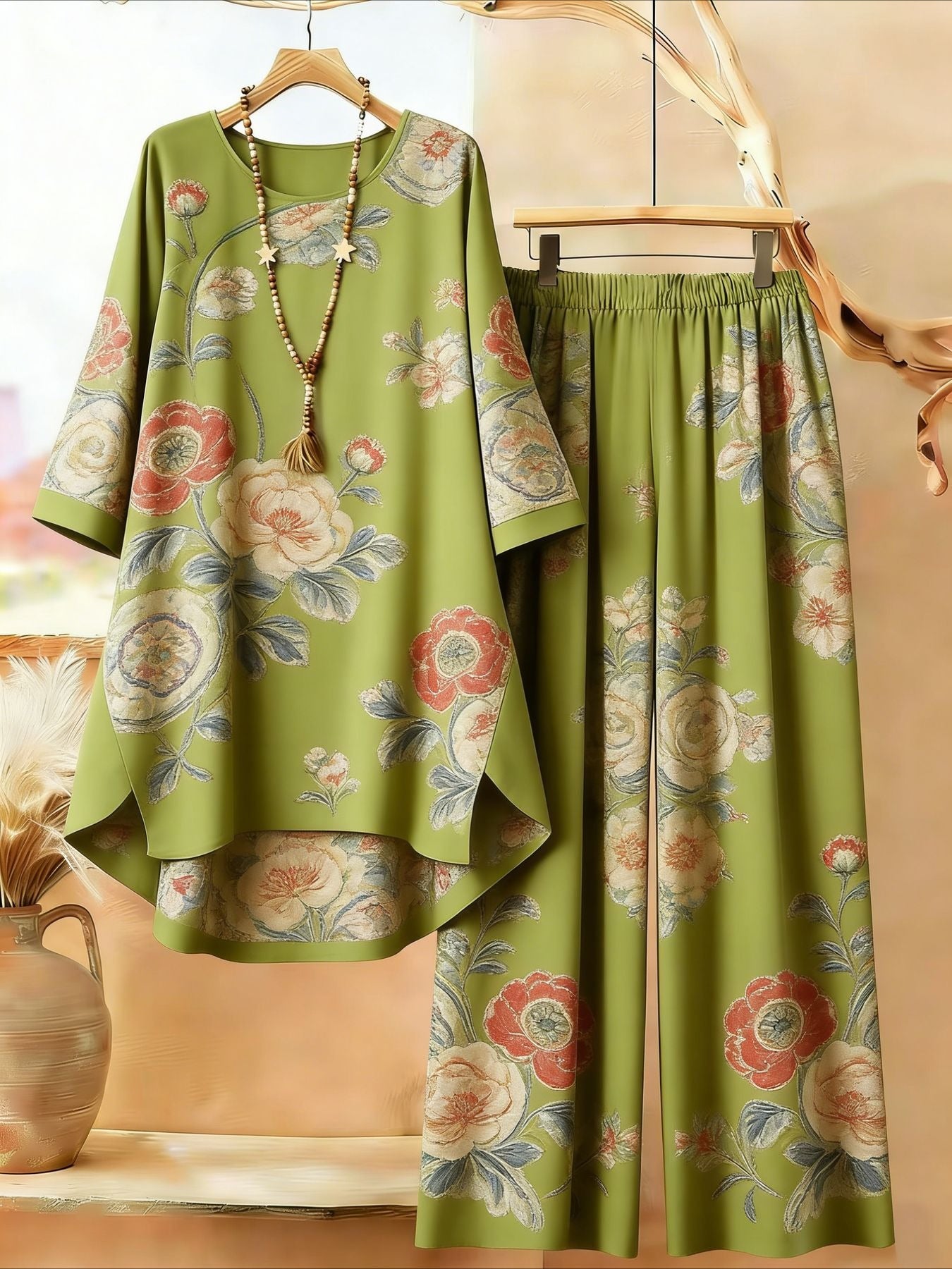 Plus Size - Plus Size - Plus Size Women 2pcs Set Vintage Peony Floral Pattern Slant Neck Loose Irregular Top Elastic High Waist Wide Leg Pants