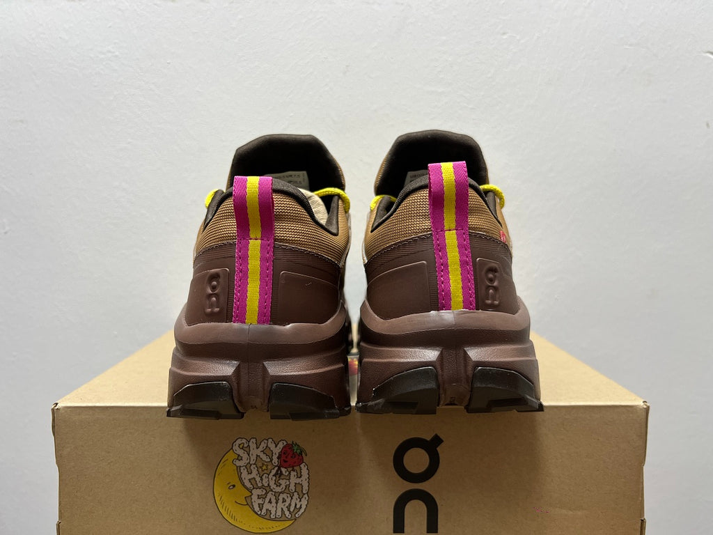 On Cloudrock Low Waterproof Hiking Shoes in Brown with Yellow and Pink Accents (Special Edition)