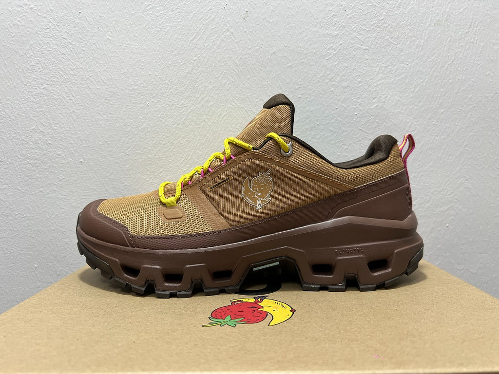 On Cloudrock Low Waterproof Hiking Shoes in Brown with Yellow and Pink Accents (Special Edition)