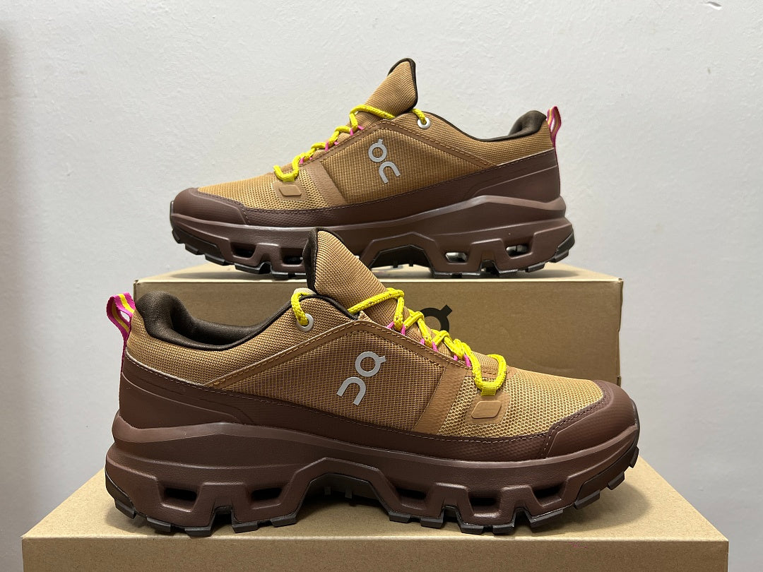 On Cloudrock Low Waterproof Hiking Shoes in Brown with Yellow and Pink Accents (Special Edition)