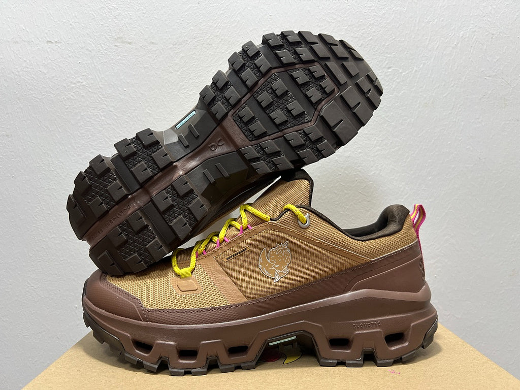 On Cloudrock Low Waterproof Hiking Shoes in Brown with Yellow and Pink Accents (Special Edition)