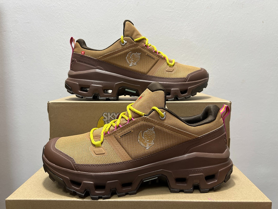 On Cloudrock Low Waterproof Hiking Shoes in Brown with Yellow and Pink Accents (Special Edition)