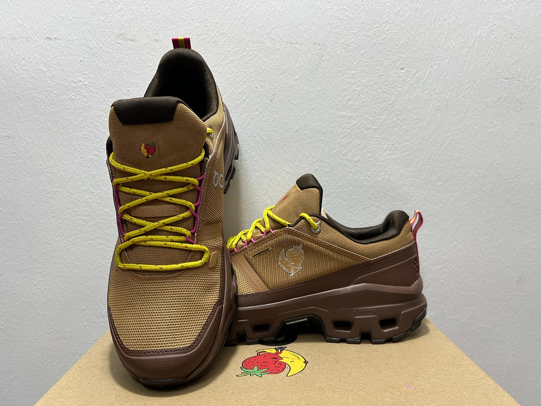 On Cloudrock Low Waterproof Hiking Shoes in Brown with Yellow and Pink Accents (Special Edition)