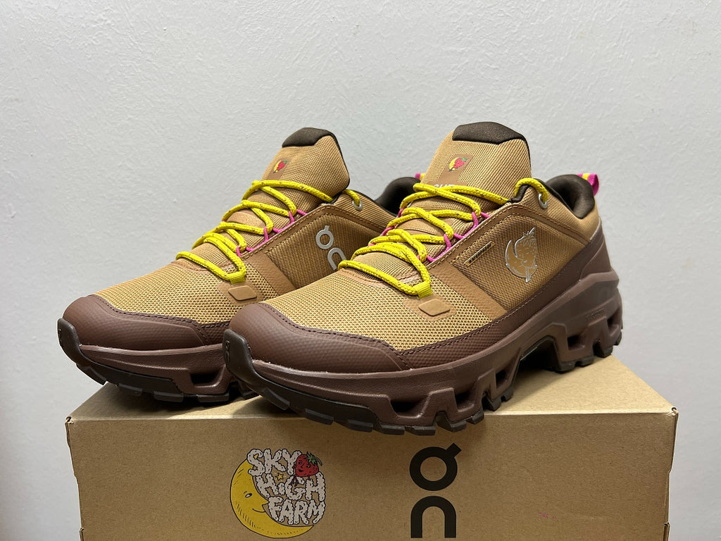 On Cloudrock Low Waterproof Hiking Shoes in Brown with Yellow and Pink Accents (Special Edition)