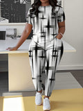 Women'S T-Shirt and Long Pants Set | Holiday Geometric Print, Casual Comfortable Two-Piece Suit, Spring Summer Outfit with Crew Neck, Regular Sleeve, Pocket Details