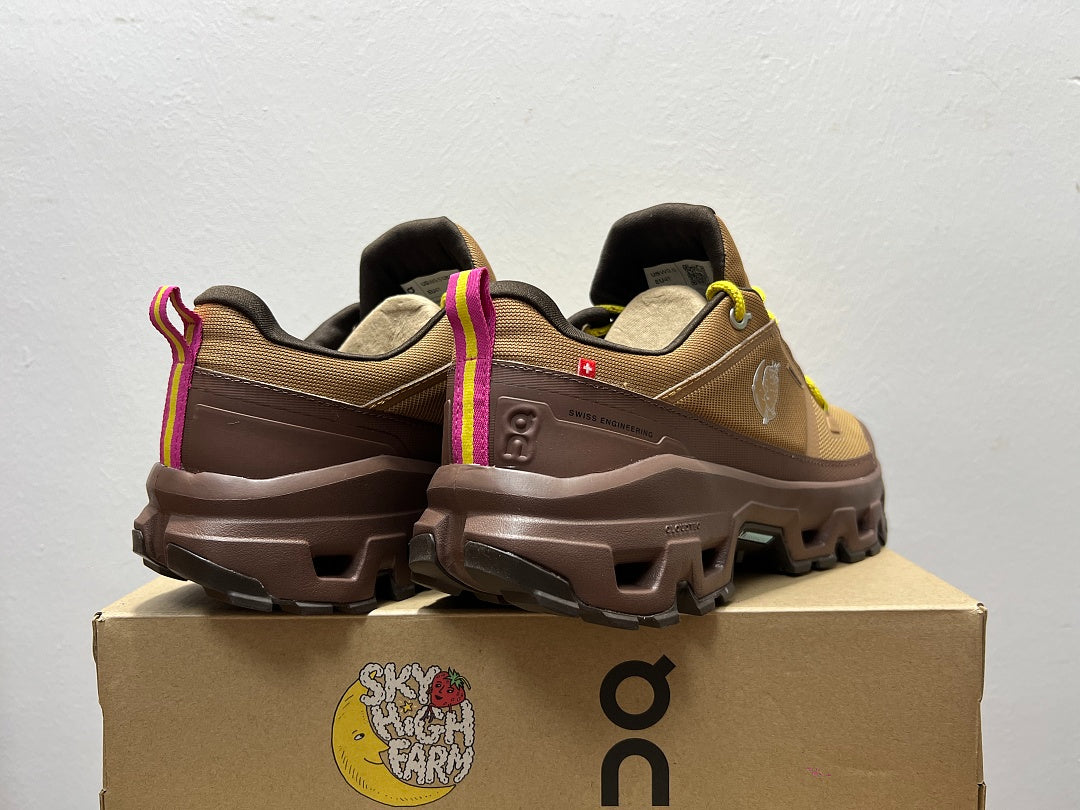 On Cloudrock Low Waterproof Hiking Shoes in Brown with Yellow and Pink Accents (Special Edition)