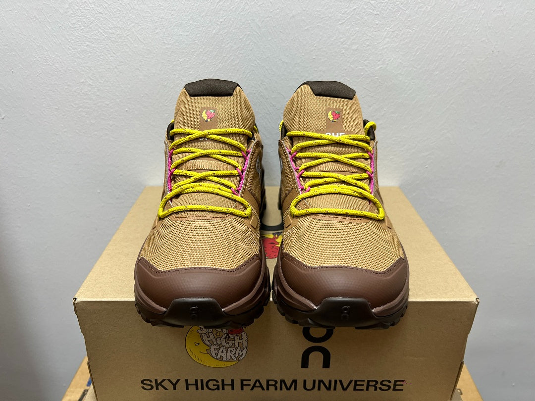 On Cloudrock Low Waterproof Hiking Shoes in Brown with Yellow and Pink Accents (Special Edition)