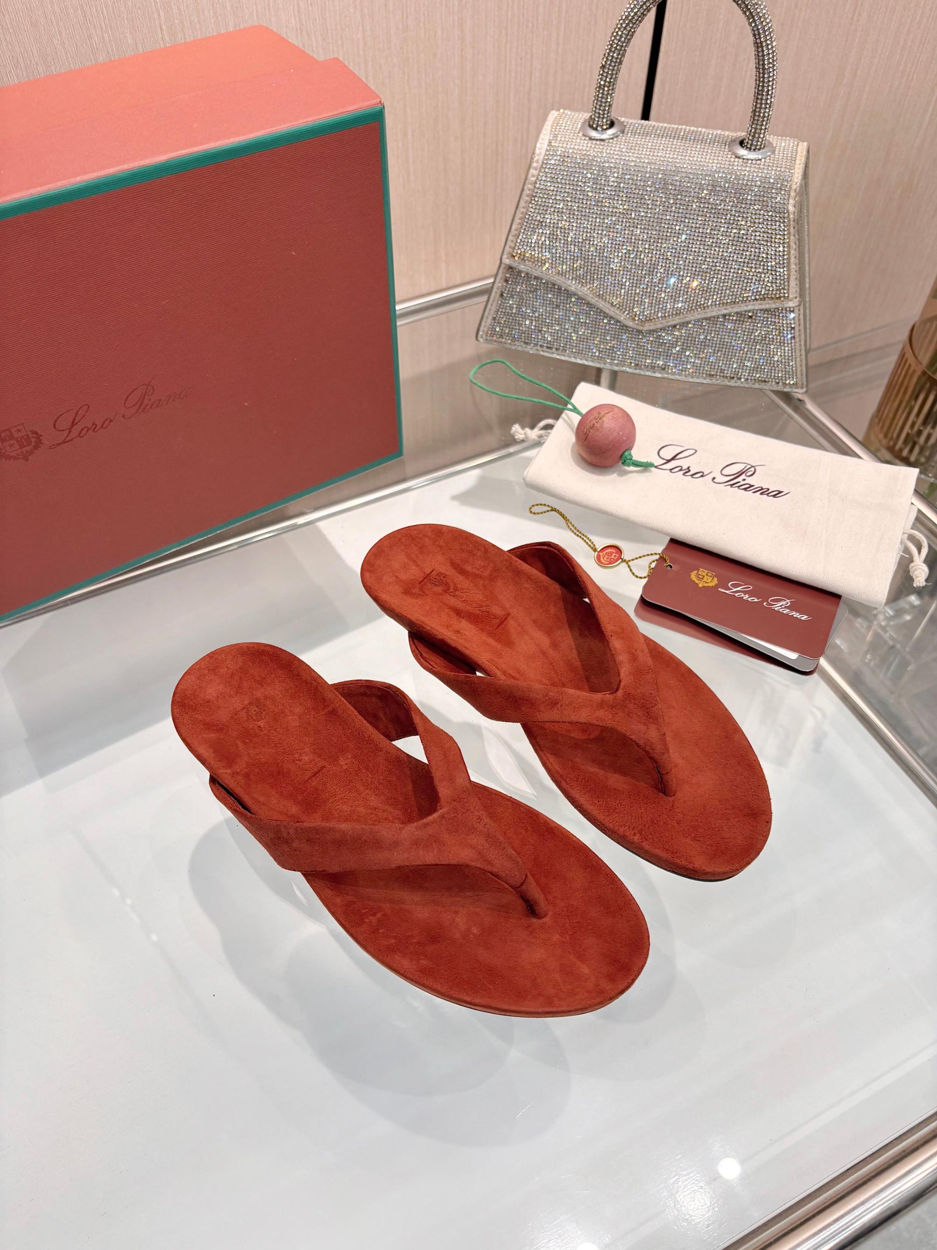 Rust Red Suede Quiet Luxury Flat Flip Flops Women Casual Thong Sandals