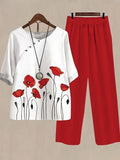 Women's Casual Floral Print Round Neck Top and Pants Set - Ideal for Spring/Summer, Elegant Floral Outfit