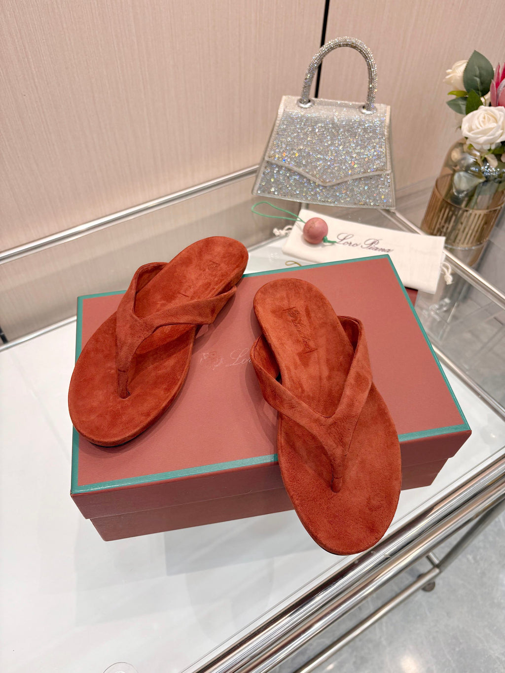 Rust Red Suede Quiet Luxury Flat Flip Flops Women Casual Thong Sandals