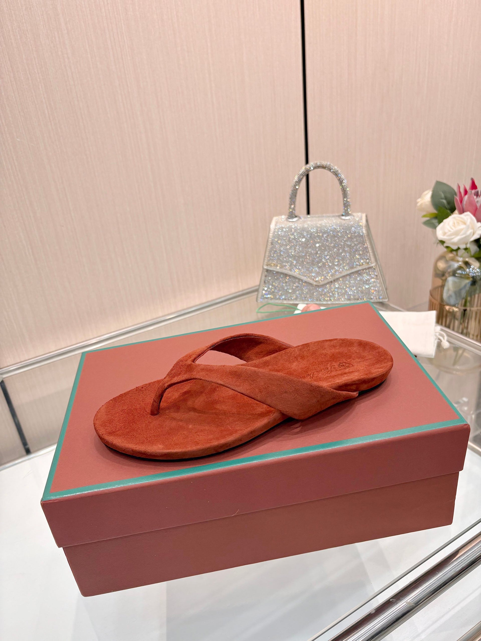 Rust Red Suede Quiet Luxury Flat Flip Flops Women Casual Thong Sandals