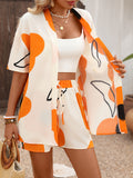 [Casual Women's Set] European and American Spring/Summer/Autumn New Style Random Print Random Cut Short Sleeve Cardigan Top + Shorts Elegant Casual Women's Set (Excluding Straps)