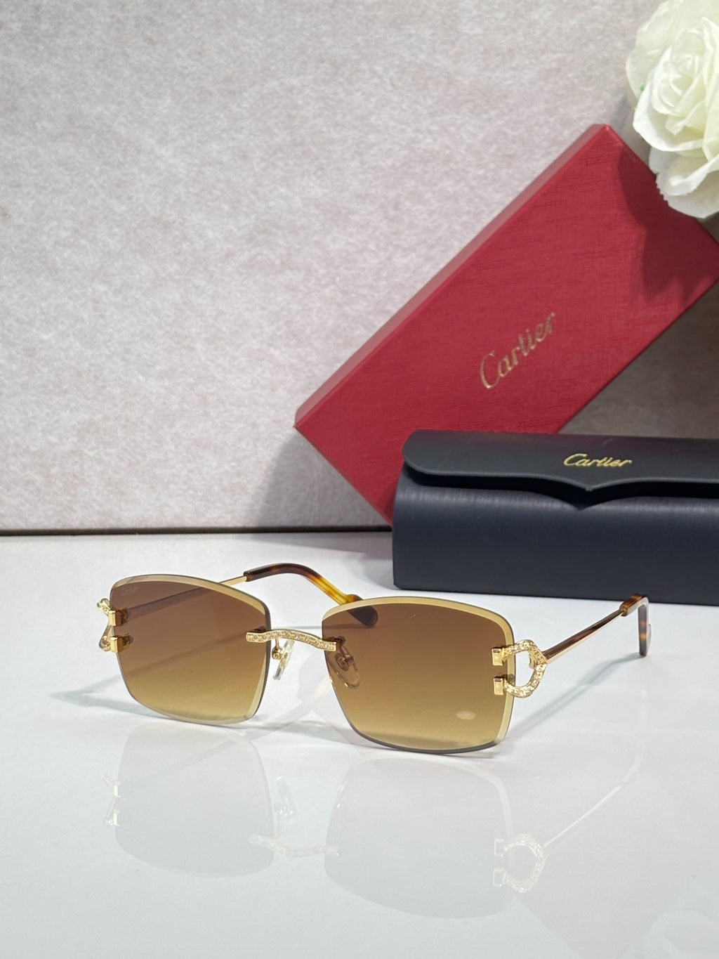 Cartier Gold-Tone Rimless Sunglasses with Gradient Brown Lenses & Diamond-Embellished Logo Temples
