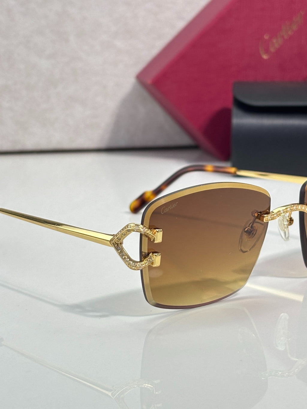Cartier Gold-Tone Rimless Sunglasses with Gradient Brown Lenses & Diamond-Embellished Logo Temples