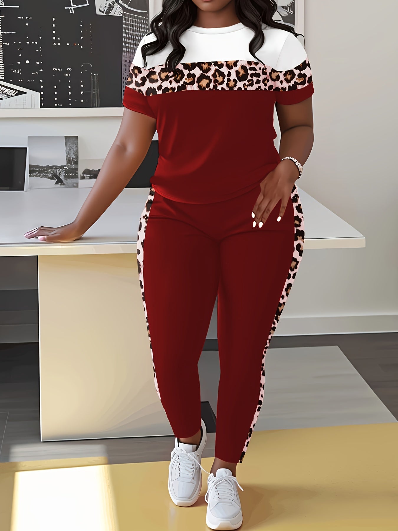 Leopard Print Splicing Spring Summer Casual Round Neck Short Sleeve Pants 2pcs Set