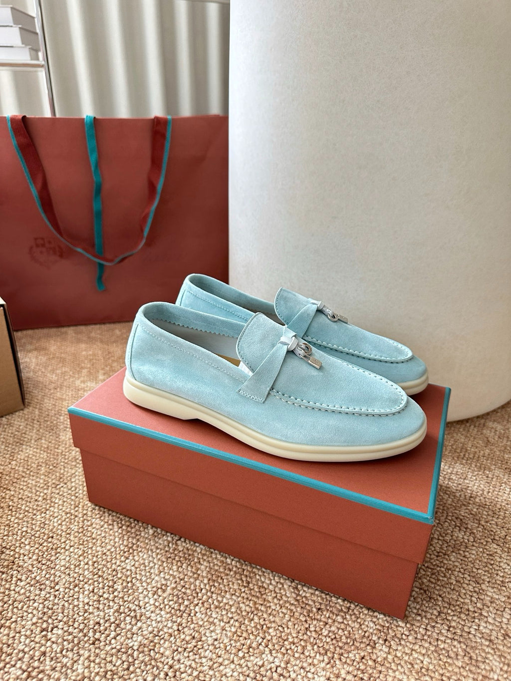 Loro Piana Summer Charms Walk Suede Loafers - Sky Blue
