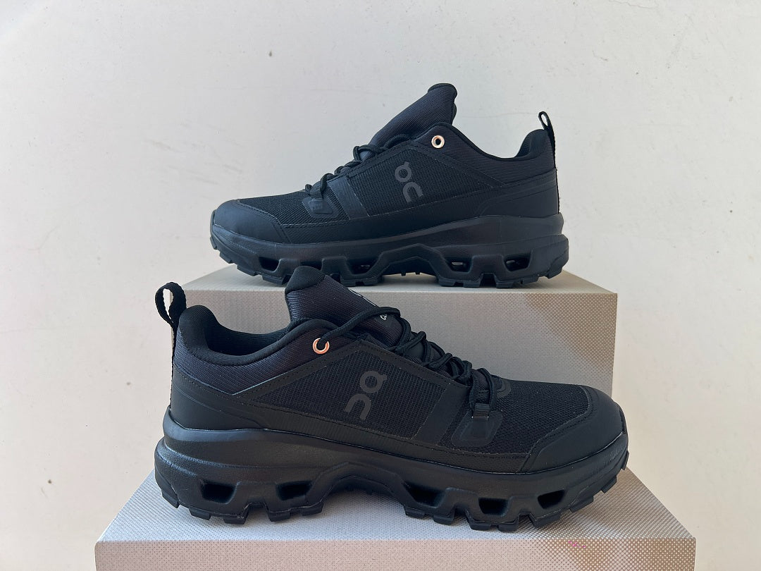 On Cloudrock Low Waterproof Hiking Shoes in All Black