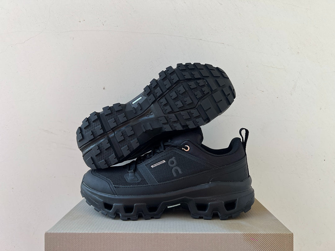 On Cloudrock Low Waterproof Hiking Shoes in All Black