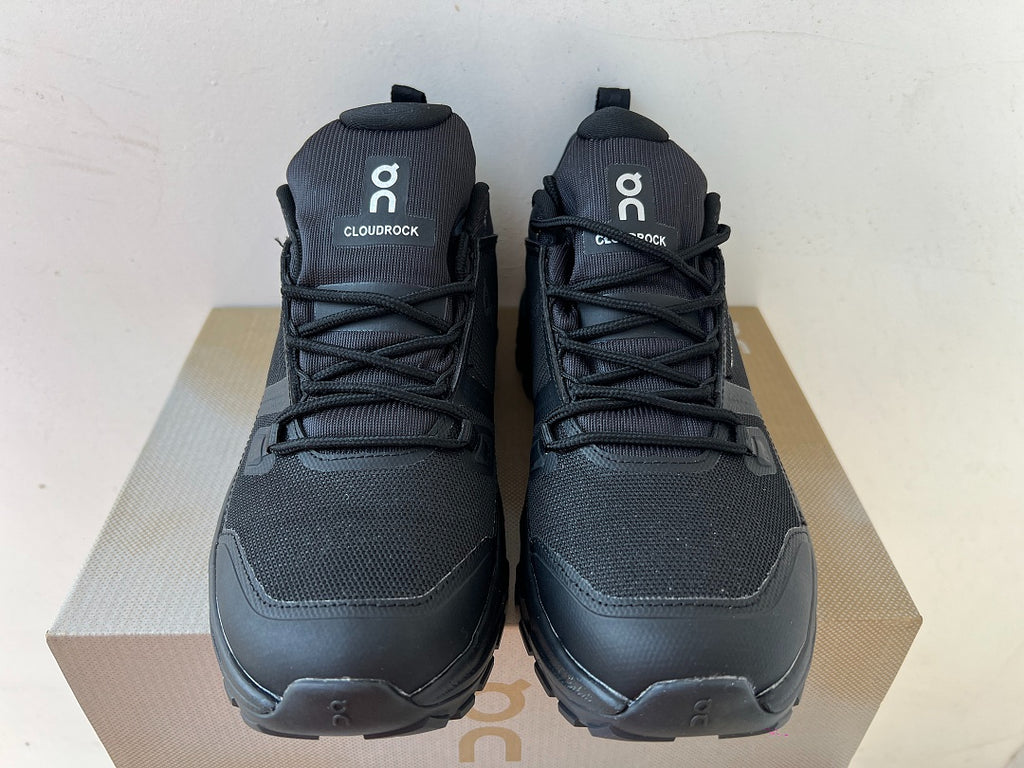 On Cloudrock Low Waterproof Hiking Shoes in All Black