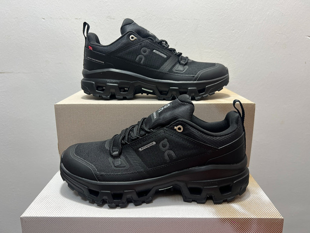 On Cloudrock Low Waterproof Hiking Shoes in All Black