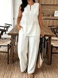 Women'S Summer All-Over Print 2pcs Set, Sleeveless Loose V-Neck Top And Straight Leg Pants, Elegant Casual Outfit for Vacation, Loungewear And Daily Wear