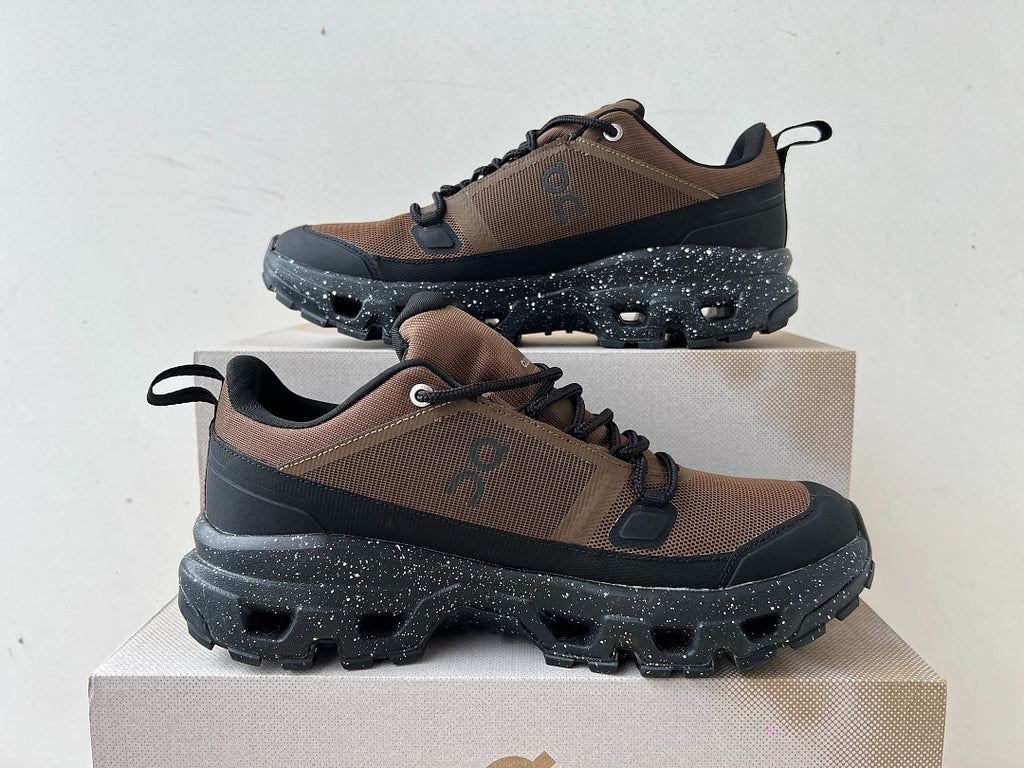 On Cloudrock Low Waterproof Hiking Shoes in Brown / Black with Speckled Midsole